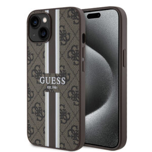 Husa originala Guess iPhone 15 Hardcase 4G Printed Stripes MagSafe, maro, GUHMP15SP4RPSW