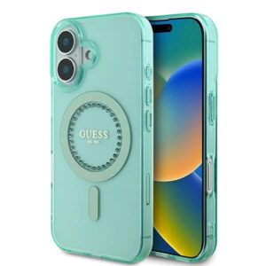 Husa iPhone 16 originala Guess IML Rhinestones MagSafe, verde, GUHMP16SPFTDTEN