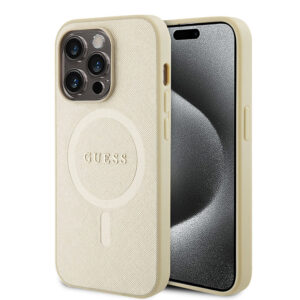 Husa Guess Saffiano MagSafe iPhone 15 Pro Max, auriu, GUHMP15XPSAHMCB