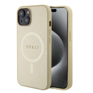 Husa Guess Saffiano MagSafe iPhone 15, auriu, GUHMP15SPSAHMCB