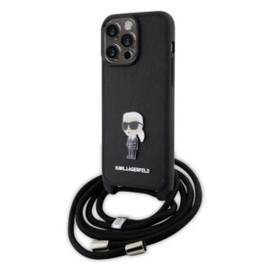 Husa iPhone 15 Pro Max Karl Lagerfeld Saffiano Crossbody, Monogram Metal Pin Karl, negru, KLHCP15XSASKNPSK