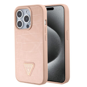Husa originala Guess iPhone 15 Pro Croco Triangle Metal Logo, roz, GUHCP15LPCRTHCP