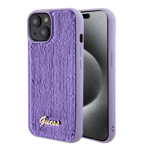 Husa originala Guess iPhone 15 Sequin Script Metal, mov, GUHCP15SPSFDGSU