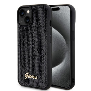 Husa originala Guess iPhone 15 Sequin Script Metal, negru, GUHCP15SPSFDGSK