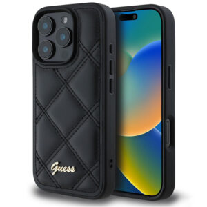 Husa originala Guess Quilted Metal Logo iPhone 16 Pro, negru, GUHCP16LPSQSQSK