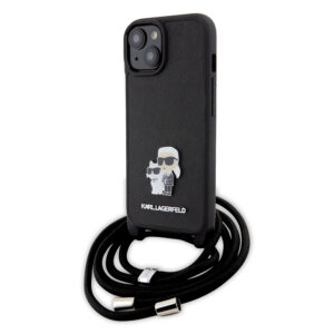 Husa iPhone 15 Karl Lagerfeld Saffiano Crossbody, Metal Pin Karl&Choupette, negru, KLHCP15SSAKCPSK