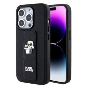 Husa originala iPhone 15 Pro Karl Lagerfeld Saffiano Gripstand, Karl&Choupette Pins, negru, KLHCP15LGSAKCPK