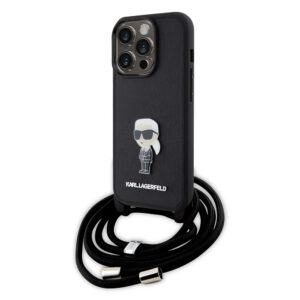 Husa iPhone 15 Pro Karl Lagerfeld Saffiano Crossbody, Monogram Metal Pin Karl, negru, KLHCP15LSASKNPSK