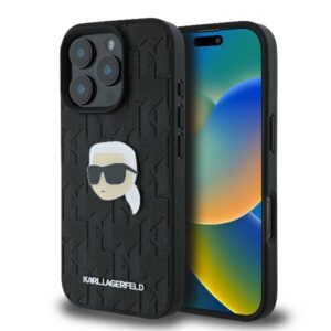 Husa iPhone 16 Pro Karl Lagerfeld Hardcase Leather Monogram, Karl Head Pin, negru, KLHCP16LPGKLKIPK