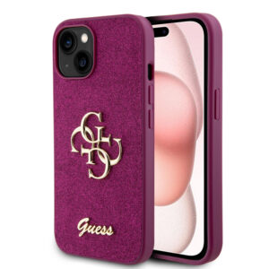 Husa Guess Glitter Script Big 4G iPhone 15 cu sclipici, mov, GUHCP15SHG4SGU