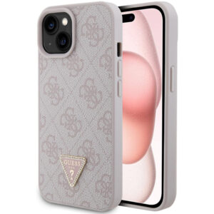 Husa iPhone 15 Guess Leather 4G Triangle Strass, roz, GUHCP15SP4TDPP