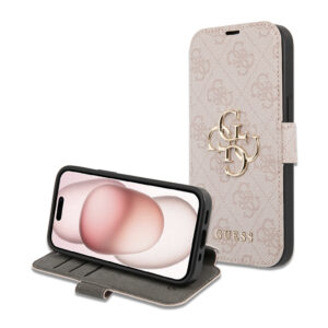 Husa tip carte iPhone 15 Guess Book 4G, roz, GUBKP15S4GMGPI