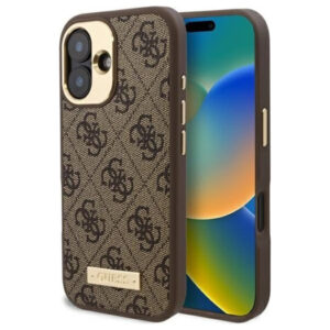 Husa originala Guess iPhone 16 Hardcase 4G Logo Plate MagSafe, maro, GUHMP16SU4GPRW