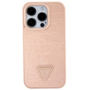Husa originala Guess iPhone 15 Croco Triangle Metal Logo, roz, GUHCP15SPCRTHCP