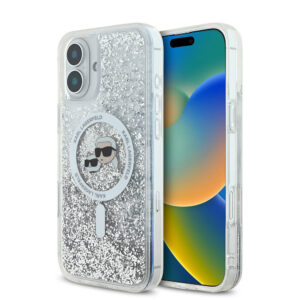 Husa Karl Lagerfeld iPhone 16 Glitter Liquid MagSafe, Karl&Choupette Head, transparent, KLHMP16SLGKCSGH