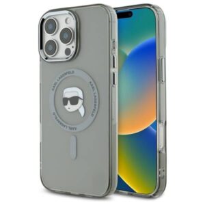 Husa iPhone 16 Pro Karl Lagerfeld IML MagSafe, Metal Karl`s Head, negru, KLHMP16LHLSKIK