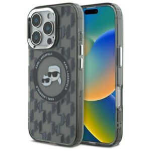 Husa iPhone 16 Pro Max Karl Lagerfeld IML MagSafe, Monogram Karl&Choupette Head, negru, KLHMP16XHMCKMHK