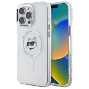 Husa iPhone 16 Pro Karl Lagerfeld IML MagSafe, Metal Choupette`s Head, alb, KLHMP16LHLSCHH