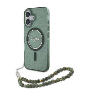 Husa iPhone 16 originala Guess IML Glitter with Pearl Strap MagSafe, verde, GUHMP16SHGCRELSA