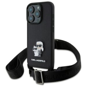 Husa iPhone 16 Pro Max Karl Lagerfeld Saffiano Crossbody, negru, Metal Pin Karl&Choupette, KLHCP16XSAKCPBK