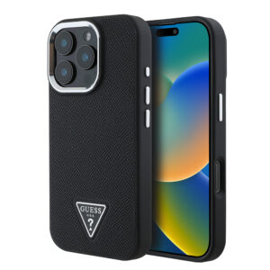 Husa iPhone 16 Pro originala Guess Grained Triangle MagSafe, negru, GUHMP16LPGTSPSK