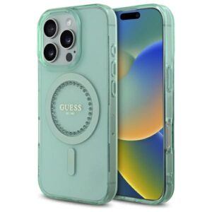 Husa iPhone 16 Pro originala Guess IML Rhinestones MagSafe, verde, GUHMP16LPFTDTEN