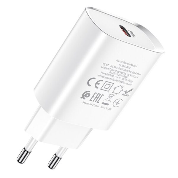 Incarcator Retea cu cablu Lightning HOCO N14, Quick Charge, 20W, 1 X USB Tip-C, Alb - imagine 2