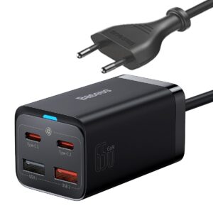 Incarcator Retea Baseus GaN3 Pro Quick Charge 65W 2 x USB 2 x USB Type-C include Cablu USB Type-C la USB Type-C 1m Negru