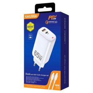 Incarcator Retea Kaku + Cablu USB-C, 65W, 2.4A, 1xUSB-C, 1xUSB-A, PD, QC 3.0, WHITE