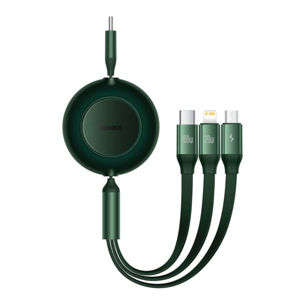 Cablu reglabil, Baseus, 3 in 1, USB-C + Microusb/USB-C/Lightning, 100 W, Verde