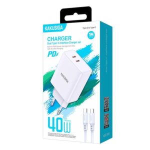 Incarcator Retea Kaku + Cablu USB-C, 40W, 2xUSB-C, PD, WHITE