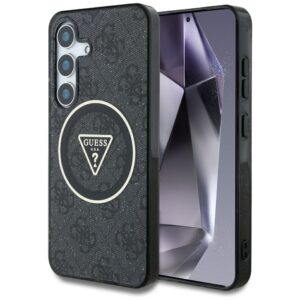 Husa Samsung Galaxy S25 originala Guess IML Metal Glitter 4G Circle Triangle MagSafe, negru, GUHMS25SHG4PRTGK