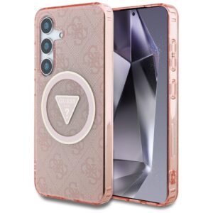 Husa Samsung Galaxy S25 originala Guess IML Metal Glitter 4G Circle Triangle MagSafe, roz, GUHMS25SHG4PRTGP