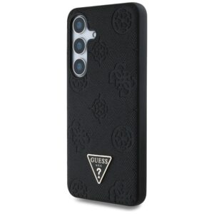 Husa Samsung Galaxy S25 Guess Peony Grained Hot Stamp Triangle Logo MagSafe, negru, GUHMS25SPGBTMK