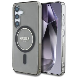 Husa Samsung Galaxy S25 originala Guess IML Glitter Circle MagSafe, negru, GUHMS25SHFGEREK