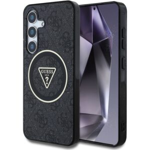 Husa Guess 4G Glitter Triangle Buttons MagSafe pentru Samsung Galaxy S25 Plus, negru