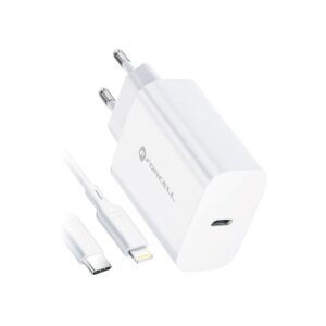 Încărcător de priză pentru telefon Forcell F-Energy USB-C QC4.0 PD 3A 20W + cablu USB-C la Lightning TFK-TC-20WPD, alb