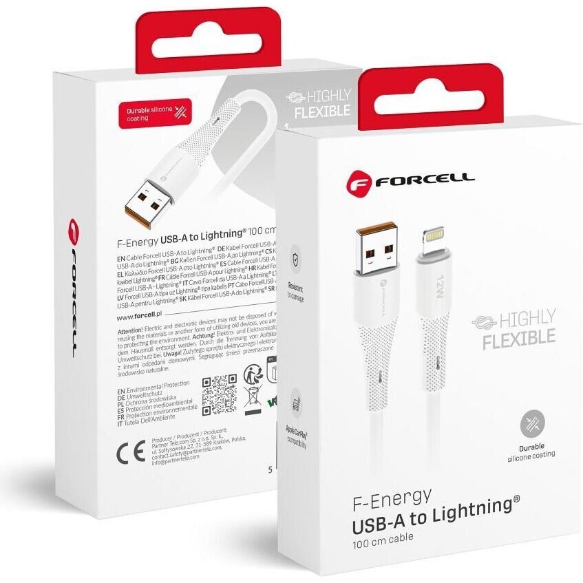 Cablu USB-A la Lightning, FORCELL, 12W, 100cm, alb