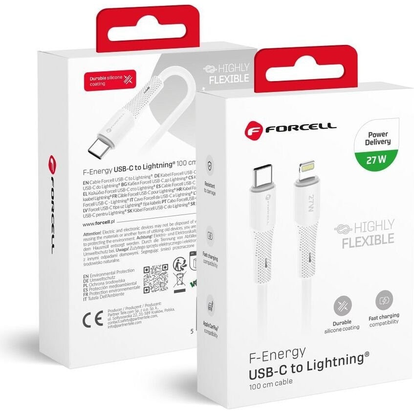 Cablu USB-C la Lightning, FORCELL, 27W, 100cm, silicon, alb